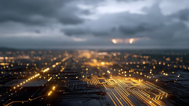 Abstract futuristic cityscape with glowing circuits and bokeh lights at dusk under cloudy skies