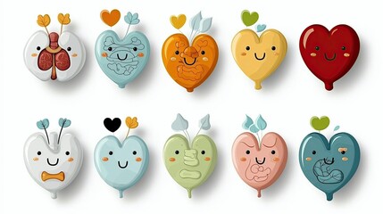 A collection of cartoon hearts with internal organs and cute faces, arranged on a white background, creating a playful and educational illustration.