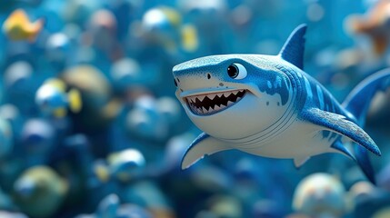 A cartoon shark with a big smile swims underwater amidst other sea creatures. The image is bright and colorful.