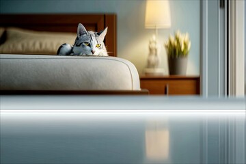 A gray and white cat is resting on a bed in a bedroom. The scene is illuminated by soft lighting, creating a cozy atmosphere.