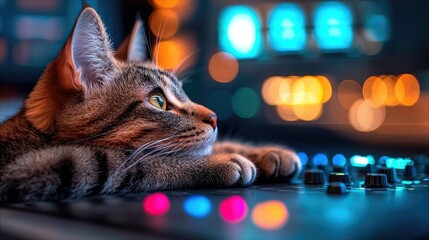 A close-up shot of a tabby cat resting on a soundboard, with colorful bokeh lights in the background, creating a moody atmosphere.