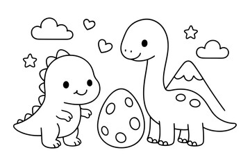 Cute Dinosaur Coloring Page with Egg, Mountain, Clouds, and Stars for Kids