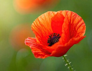 Fototapeta premium Vibrant red poppy with delicate petals and dark center glows.