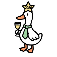 Funny cartoon geese celebrating New Year 2026. Vector illustration set of cute birds wearing party hats, holding sparklers, champagne, and clock. Isolated holiday characters.