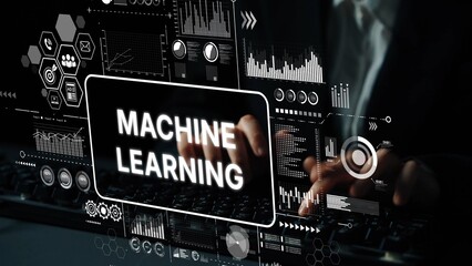 Hands typing on keyboard with machine learning graphics and data analysis elements, showcasing technology and innovation in digital landscape. Asymptotic smart data analytic.