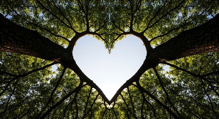 Symmetrical heart shape formed by tree branches against a bright sky