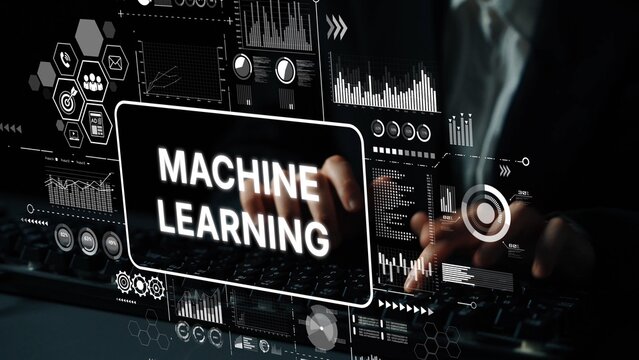 Hands typing on keyboard with machine learning graphics and data analysis elements, showcasing technology and innovation in digital landscape. Asymptotic smart data analytic. - Powered by Adobe