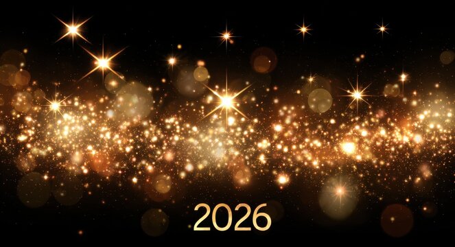 2026 New Year celebration with golden stars and sparkling lights on black background. Luxury festive design with glittering sparkles and elegant golden digits. Perfect for holiday greetings, party inv - Powered by Adobe