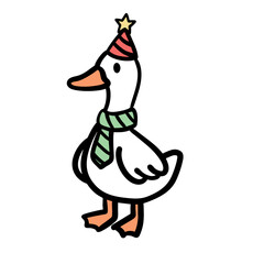 Funny cartoon geese celebrating New Year 2026. Vector illustration set of cute birds wearing party hats, holding sparklers, champagne, and clock. Isolated holiday characters.