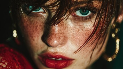 Captivating Close-Up Portrait of a Freckled Woman with Intense Stare and Bold Red Lips