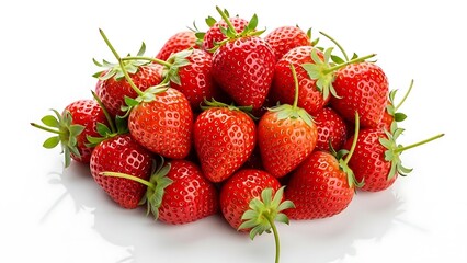 Pile of Fresh Red Strawberries with Green Stems on White Surface