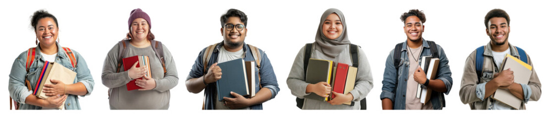 PNG Diverse students holding books smiling, element set on transparent background