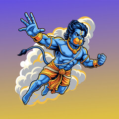 Blue skin hanuman in a dynamic flying pose.
