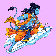 Blue skin hanuman vector illustration, rides a cloud