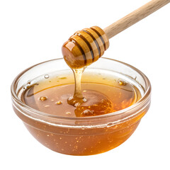 Golden Honey Drizzle from Dipper into Bowl on transparent background