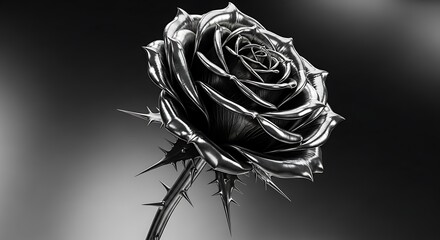 Striking monochrome close up of a metallic rose with sharp thorns against a softly blurred dark background