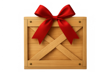 Wooden crate gift box with red ribbon delivering special surprise package for celebration and shipping concept