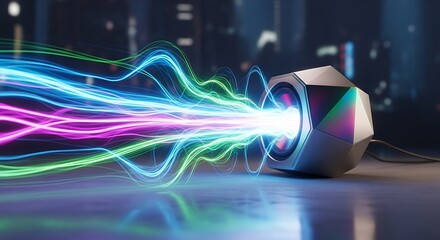 Modern speaker emitting vibrant neon light waves of sound and energy