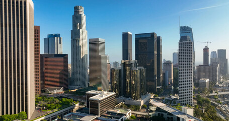 Fototapeta premium Aerial drone view of downtown Los Angeles. American dream LA cityscape. Iconic urban view of America. California LA city skyline. Modern metropolis in USA. LA dream city. LA skyscrapers from top.