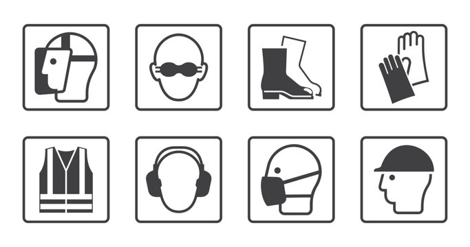 Monochrome collection of mandatory personal protective equipment signs and symbols set