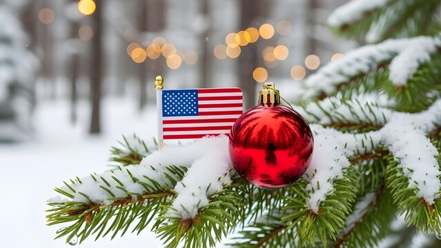 American flag and christmas ornament on snowy evergreen branch