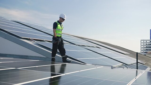 Technician installing solar panels on factory roof for green energy. A skilled technician in safety gear is working on a solar panel installation on rooftop. clean energy renewable power technology.