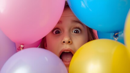 Surprised young person surrounded by vibrant colorful balloon creating a playful festive atmosphere with expressive emotion and bright celebratory mood
