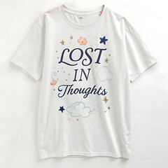 White T-shirt with &ldquo;Lost in Thoughts&rdquo; Typography Design