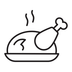 Christmas roast turkey on plate line icon with editable stroke. Minimal festive food symbol for holiday menu design, cards, web, apps, print and New Year projects.