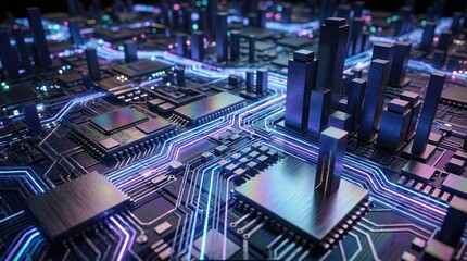 Intricate digital circuit board with glowing data pathways and microchip components.