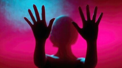 Obraz premium Silhouette of Person with Raised Hands Against Dramatic Red and Blue Smoke Background