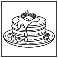 Pancake Coloring Page – Hand Drawn Stack with Syrup – Black and White Breakfast Dessert Line Art for Kids and Adults