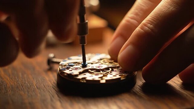 Watchmaker Carefully Assembling Intricate Mechanical Watch Movement.