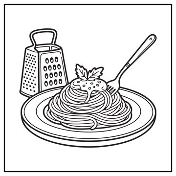 Spaghetti Coloring Page &ndash; Hand Drawn Pasta Plate Illustration &ndash; Black and White Line Art for Kids and Adults