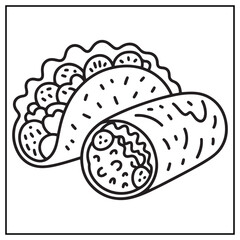 Cute Taco and Burrito Duo Coloring Page – Mexican Food Line Art Vector for Kids and Adult Coloring Book