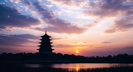 A pagoda silhouetted against a vibrant sunset sky over a calm lake. The scene evokes tranquility and natural beauty.