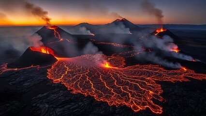Volcanic eruption at sunset with glowing lava flow across landscape