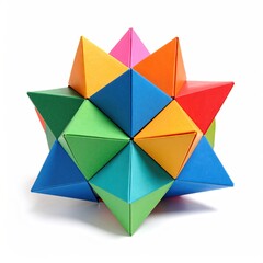 Colorful geometric origami paper star puzzle, photographed on white background