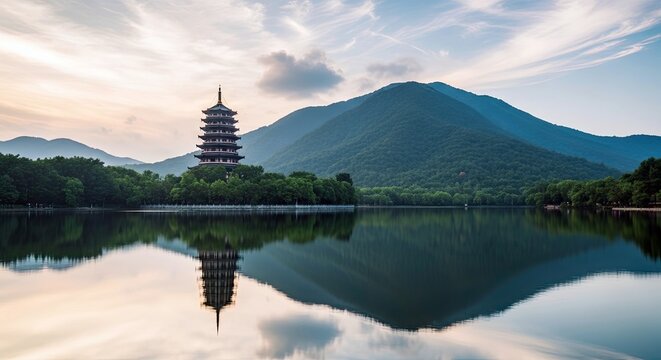 A tranquil landscape featuring a pagoda reflected in a calm lake, with mountains and trees under a cloudy sky.