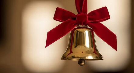 A shiny golden christmas bell adorned with a luxurious red velvet bow