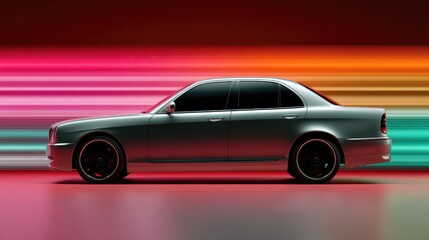 Sleek Retro Car Against Vibrant Neon Gradient Background in Motion