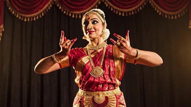 Indian Classical Dancer Performing Bharatanatyam with Traditional Costume and Jewelry.