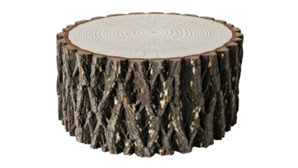 Rustic wooden log slice table with bark isolated on transparent background