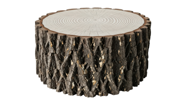 Rustic wooden log slice table with bark isolated on transparent background - Powered by Adobe