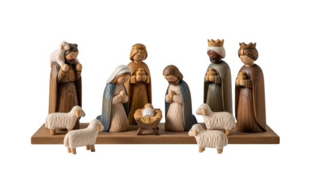 Wooden nativity scene figures with baby jesus and sheep isolated on transparent background