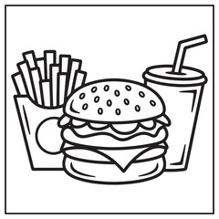 Juicy Burger with Fries Coloring Page – Cute Fast Food Line Art Vector for Kids and Adult Coloring Book