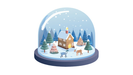 Winter snow globe scene with house, trees, and reindeer christmas holiday decoration vector illustration