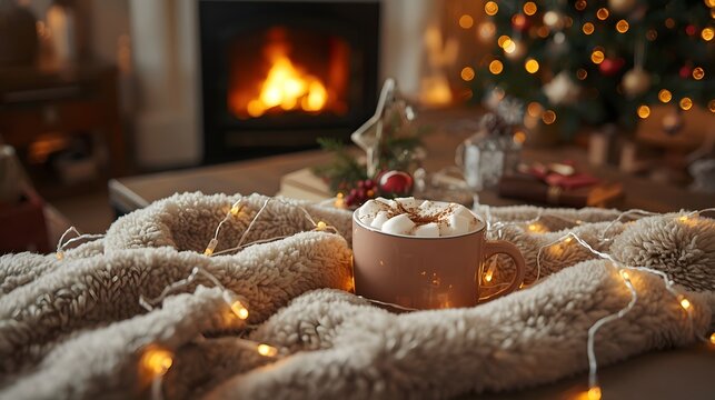Cozy winter interior scene with hot chocolate and marshmallow on a soft blanket near a warm fireplace, creating a comforting holiday atmosphere with glowing lights