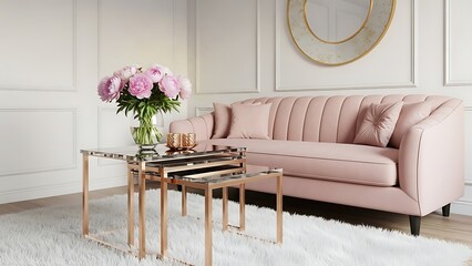 Interior view of a living room featuring a pink sofa, glass coffee tables, and a vase of pink flowers.