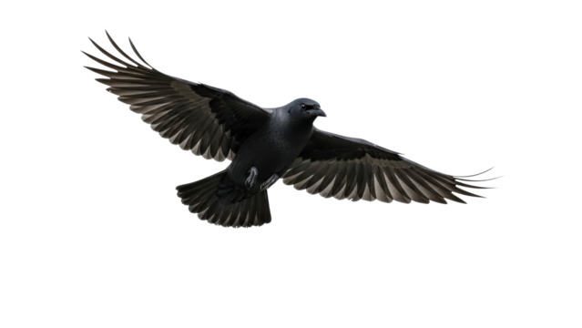 A black crow in flight with wings spread wide isolated on transparent background